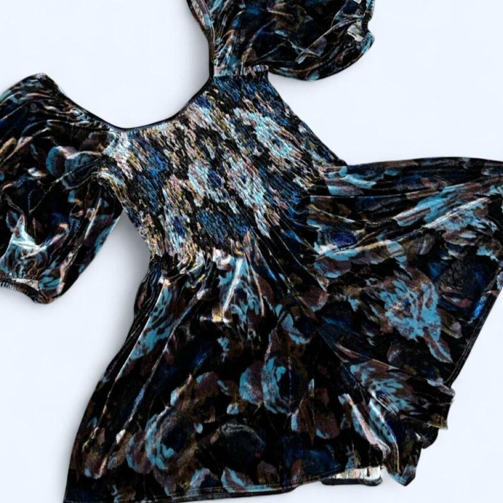 Urban Outfitters Velour Jumpsuit Multicolor Black Blue Puff Sleeve S